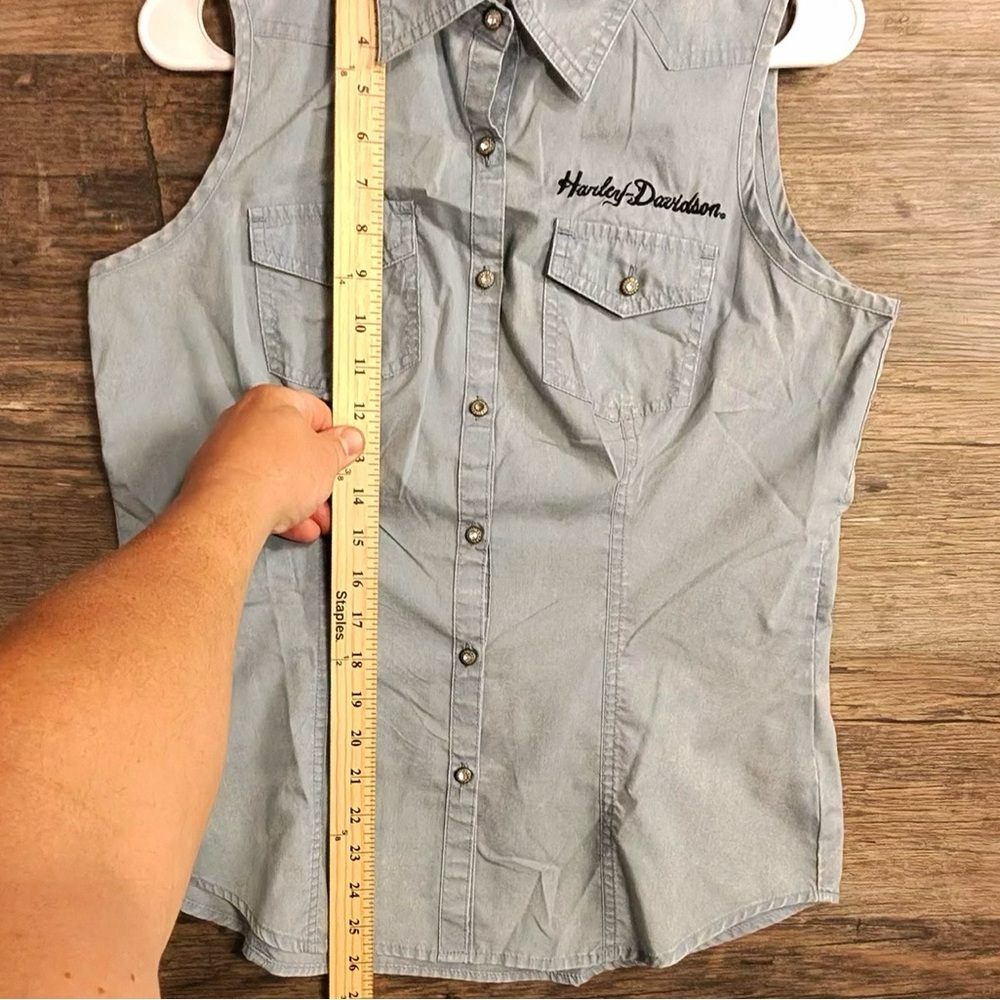Harley-Davidson Blue Denim Sleeveless Button-Down Shirt - Picture 7 of 8